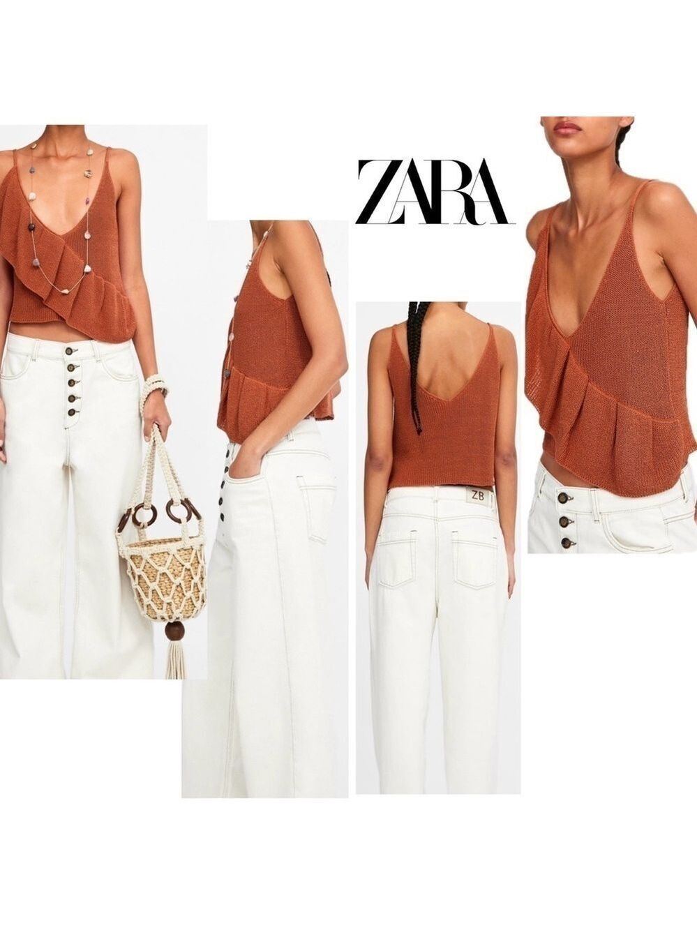 Zara burnt orange knit ruffle frill accent spaghetti strap camisole tank blouse - Picture 2 of 9